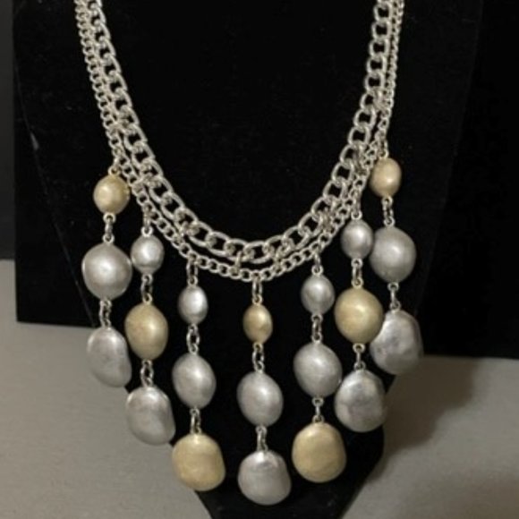 Chico's Brushed Gold and Silver Tone Double Chain Statement Collar 16" Necklace - Picture 1 of 9